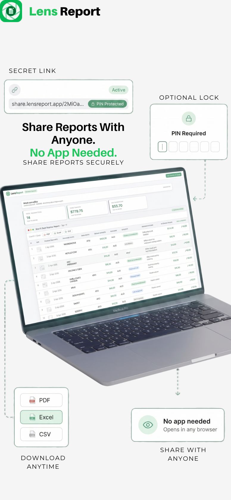 Share reports with anyone via a PIN-locked web link, no app needed, opens in any browser