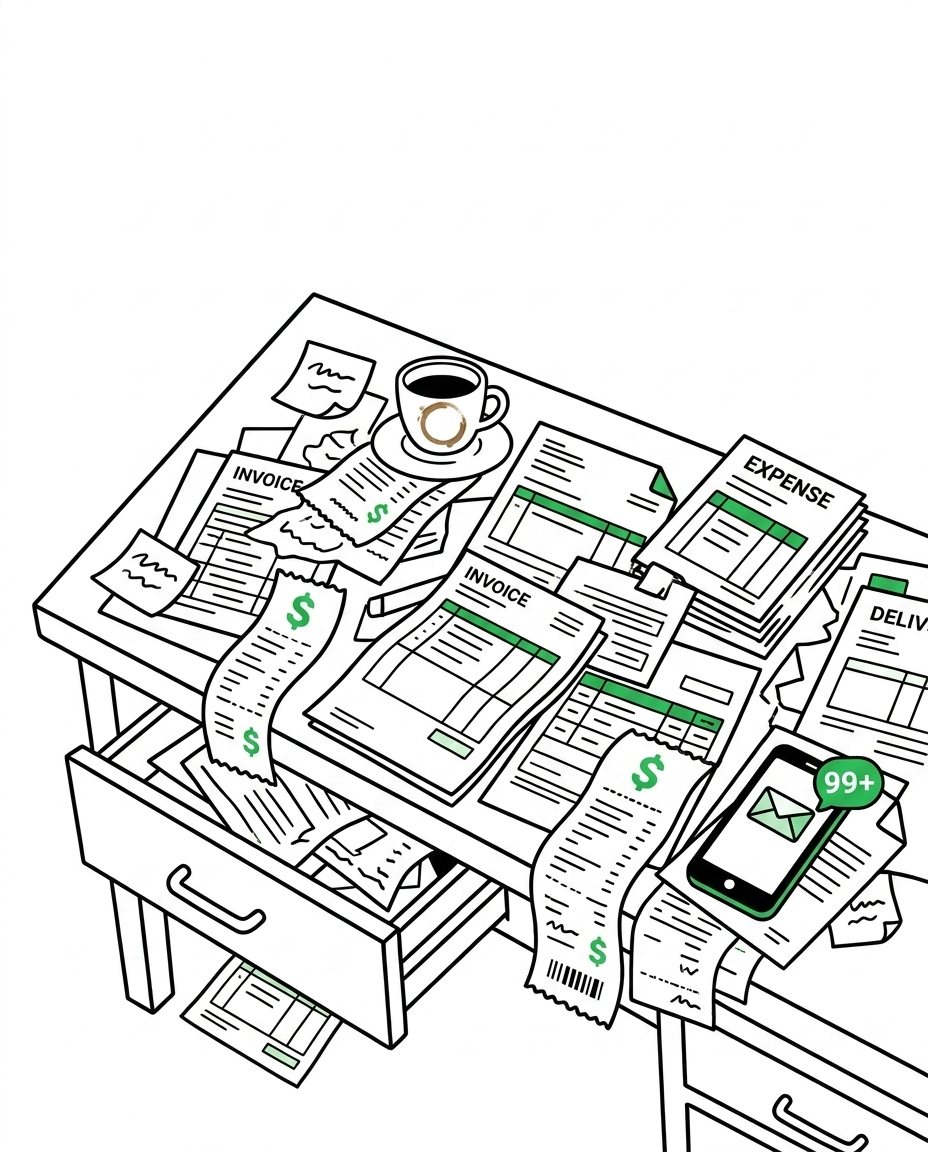 A wooden desk overflowing with crumpled receipts, invoices and delivery dockets, with a phone showing unread notifications at the edge.
