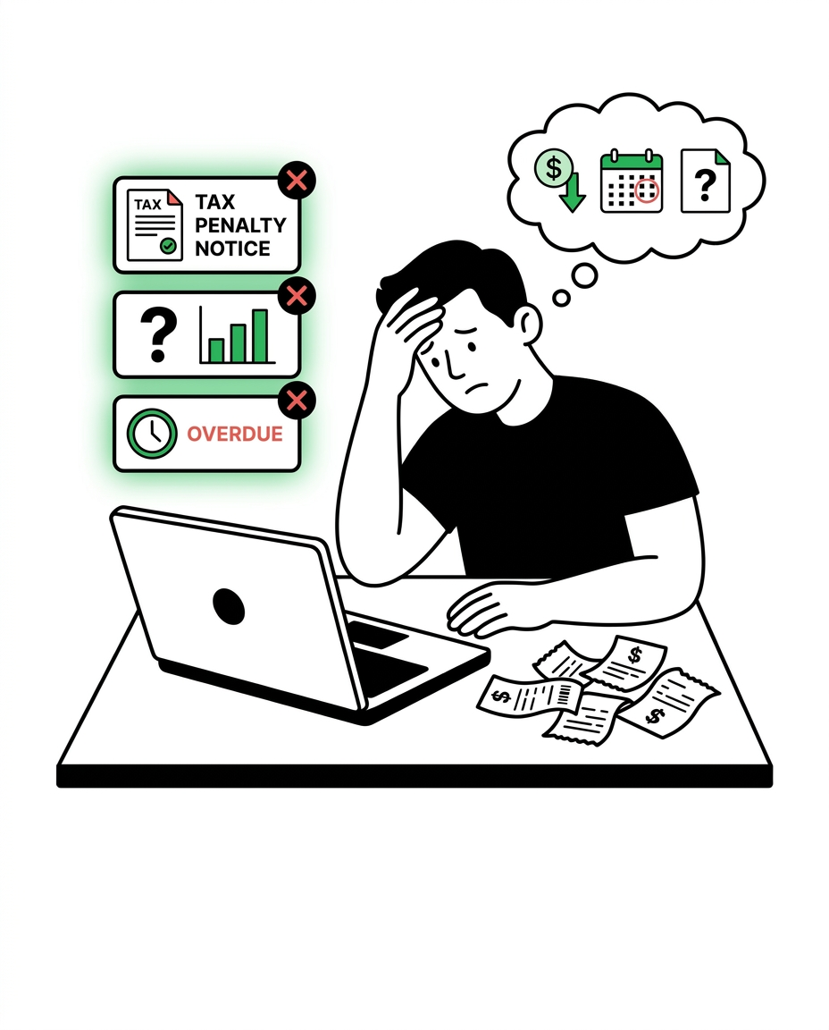 A stressed person at a laptop showing tax penalty, missed deduction and overdue alerts, with a thought bubble of warning icons.