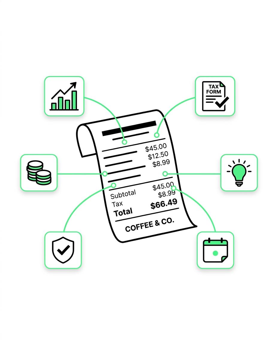 A receipt at the centre with six radiating lines connecting it to icons of charts, a tax form, a lightbulb, a calendar, a shield and a coin stack.