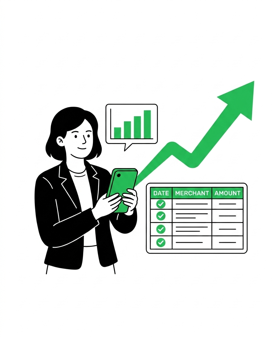 A confident person holding a phone that displays a clean report table, with an upward-trending arrow and a small bar chart panel beside her.